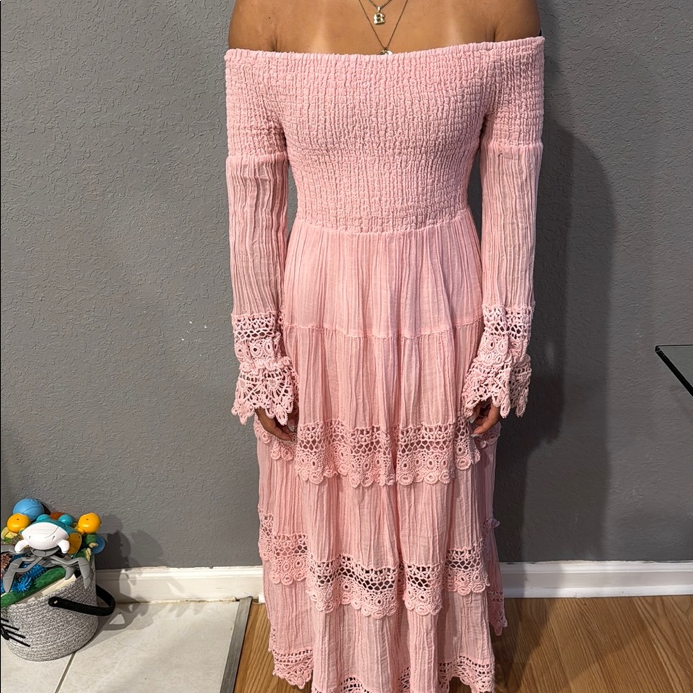 Guess Pink Off-Shoulder Tiered Sundress